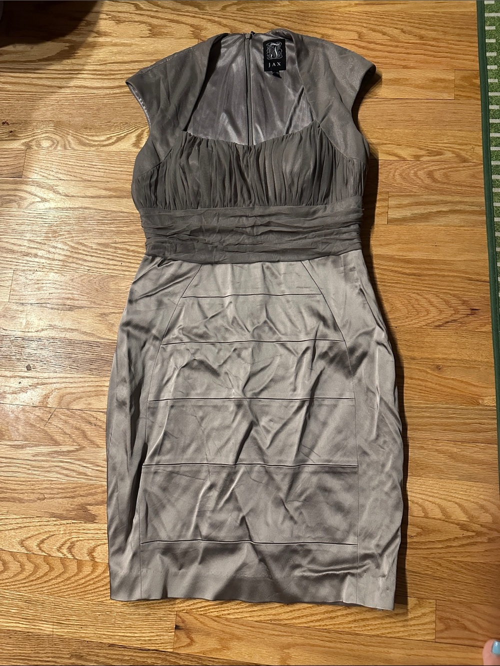 Jax Taupe Ruched Midi Sheath Dress